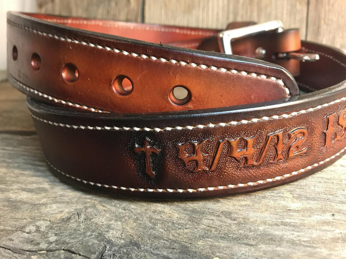 Texas Leather Mfg Native hot American Indian Hand Tooled Brown Belt Hunting Sz 34